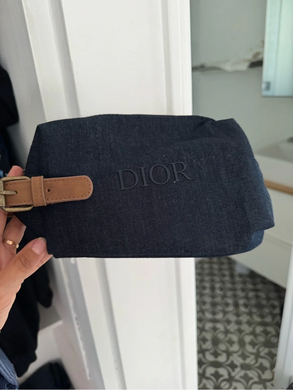 Dior Navy Denim Travel Pouch with Tan Leather Accent cosmetic bag